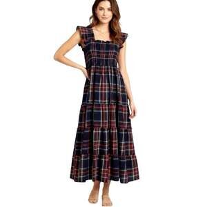 Hill House Home The Ellie Nap Dress XS Midnight Tartan Plaid Cotton Ruffle Midi